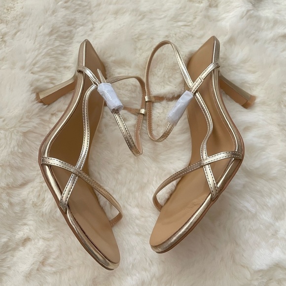 Women's Heeled Sandals Round Open Toe Gold Strappy Slingback High Heels - Picture 7 of 12